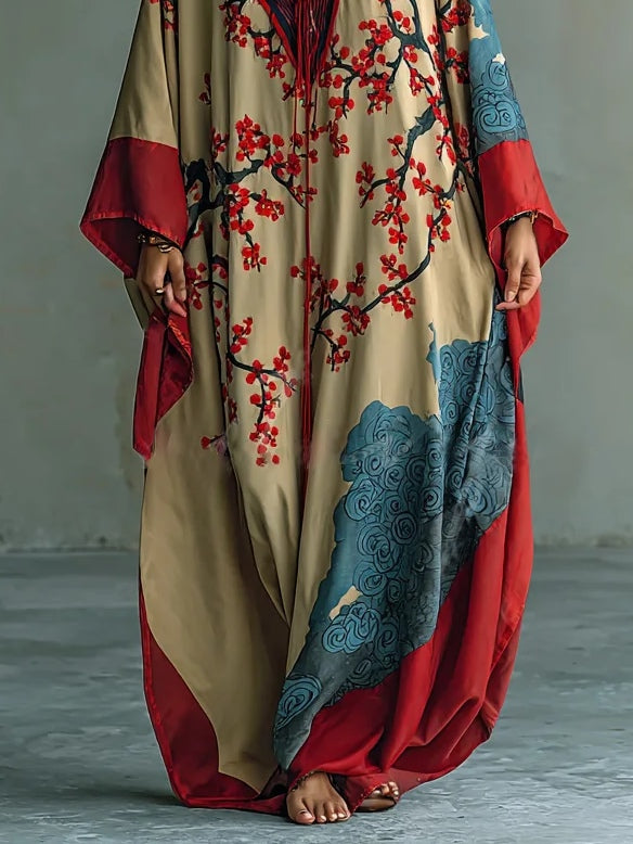 Akira | Long Dress with Red Plum Blossom Print