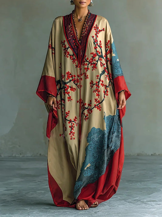 Akira | Long Dress with Red Plum Blossom Print